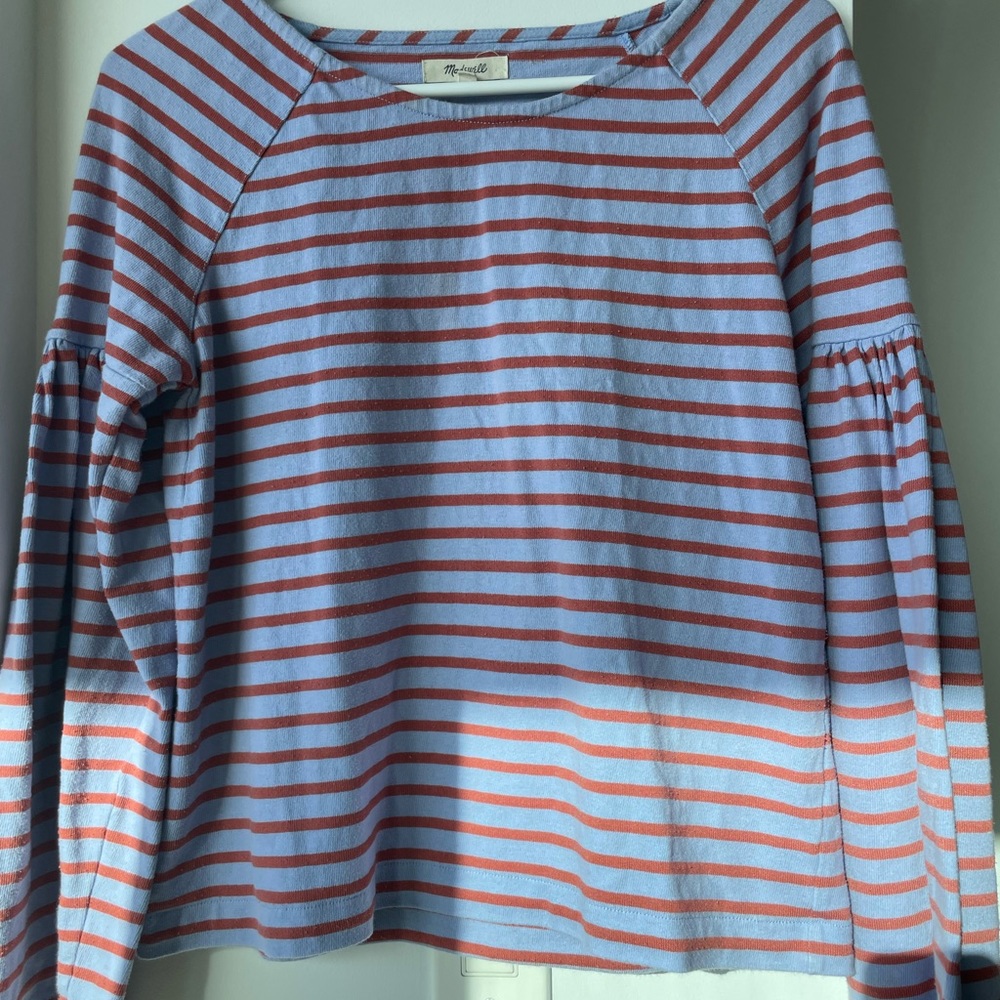 Madewell Blue Striped runched Long Bell Sleeve top XXS